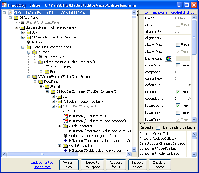 Matlab Editor object hierarchy as seen by findjboj (click to zoom)