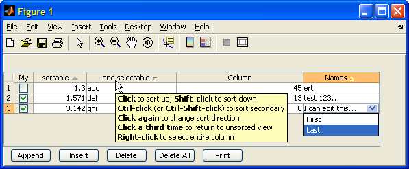 createTable utility screenshot (note the action buttons, sortable columns, and customized CellEditor)
